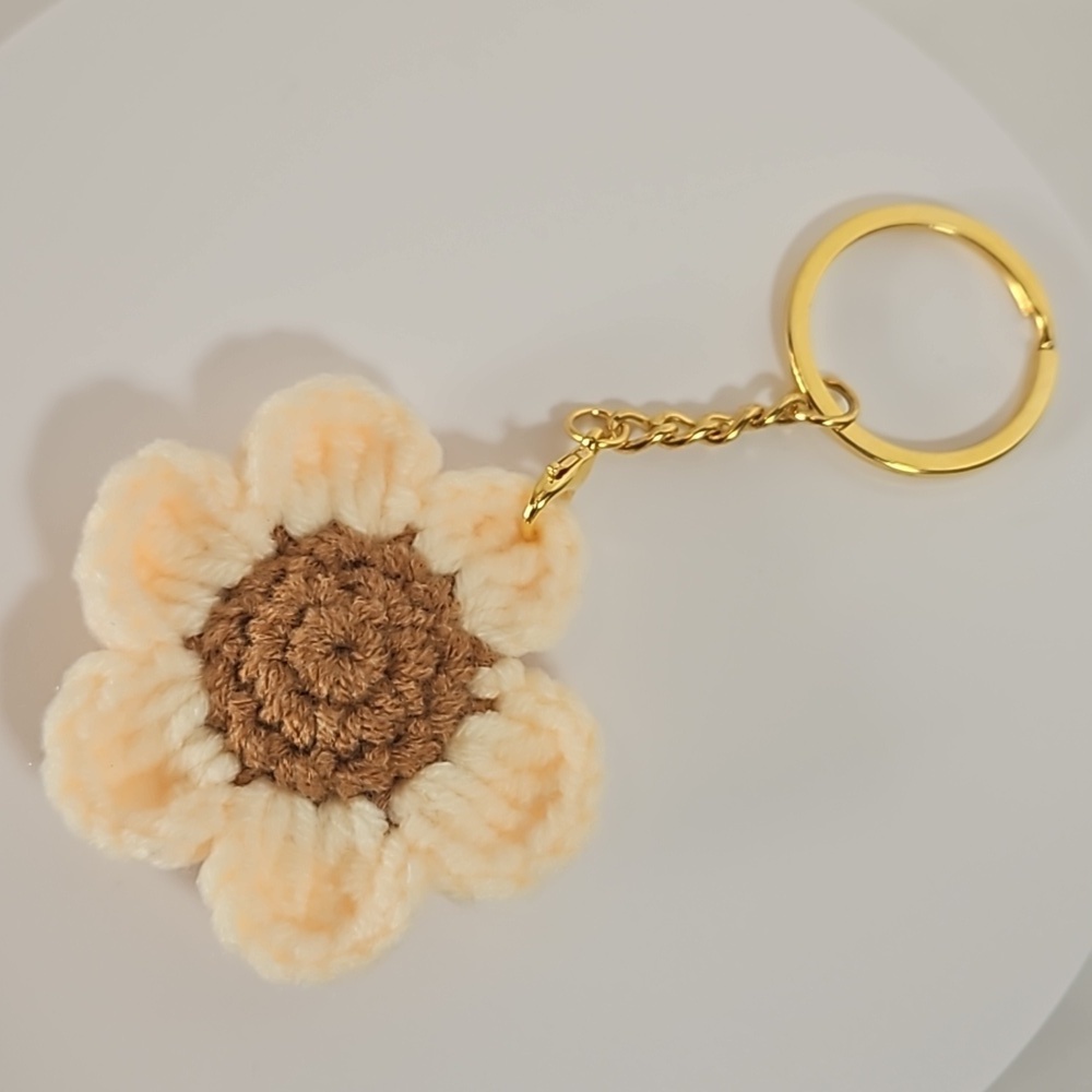 Hand Crafted Hand Knit Chrochet floral gold 4" Keychain flower baige and brown - Picture 13 of 17